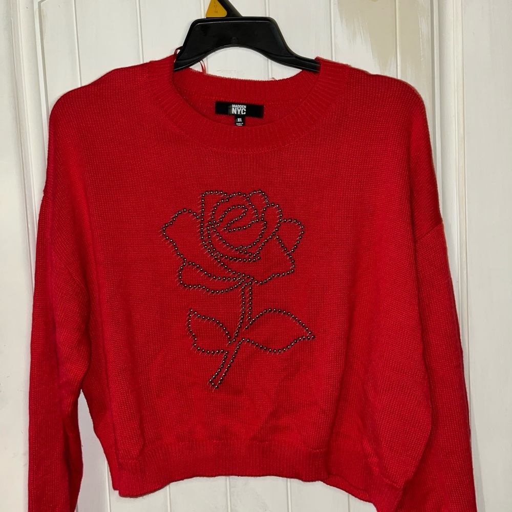NYC Vibrant Red Rose Crew Neck Sweater